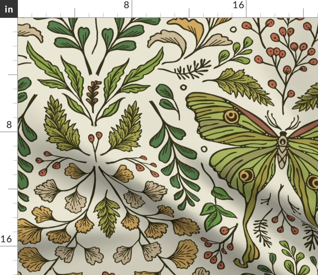 Bohemian Butterfly Green Botanical Bold Art Nouveau Rustic Floral Winged Moths Leaves Flowers Farmhouse Custom Printed Fabric by Spoonflower Various Fabrics by the Yard or Fat Quarter